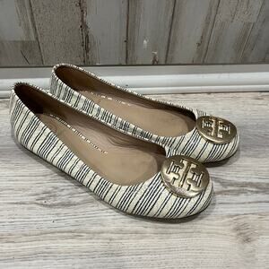 Tory Burch REVA 8 Beige Printed Piano Stripe Blue Gold Logo Ballet Flats Leather